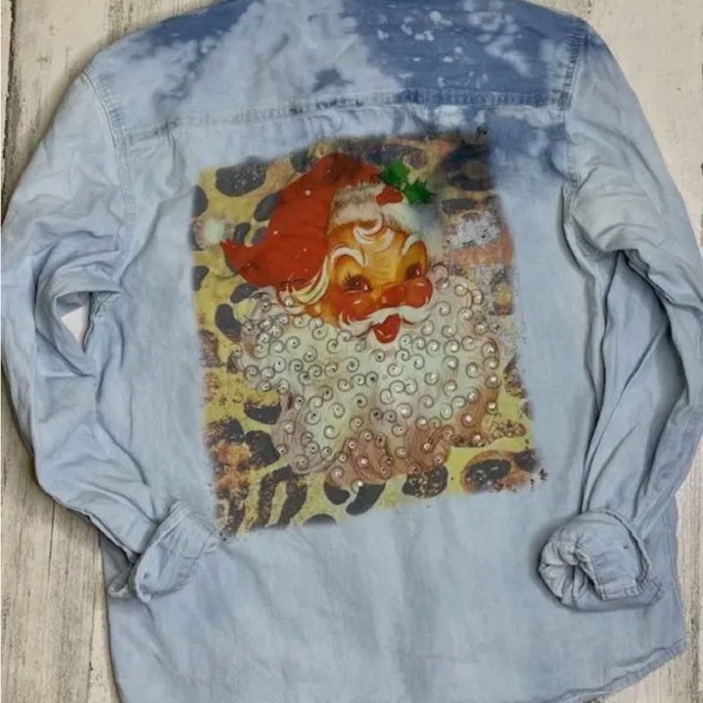 Light Blue Santa Graphic Shirt with stones NWT